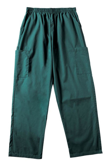 Dark green ladies' scrub pants with an elastic waistband and side pockets, featuring a branding logo.